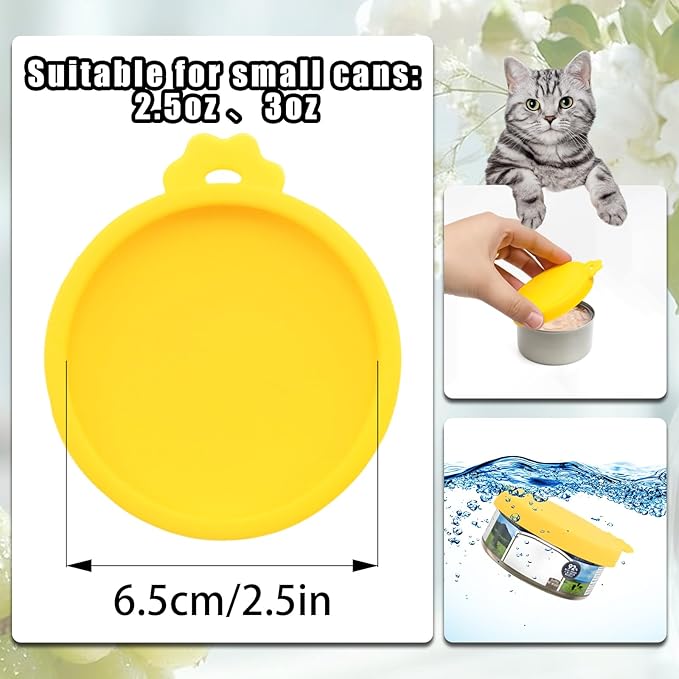 PINE & LINEN 4 Pcs 2.5inch Durable Pet Can Lids, Silicone Small Pet Can Covers Waterproof Cat Food Cans Lids for 3 oz Cat Food Cans（Yellow）