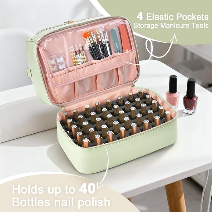 Uross Nail Polish Organizer Bag Holds 50 Bottles Nail Polish, Nail Lamp, Nail Supplies- Nail Organizers and Storage Case for Nail Tech, Nail Stuff Gel Kit Box Gift for Manicurist- Green