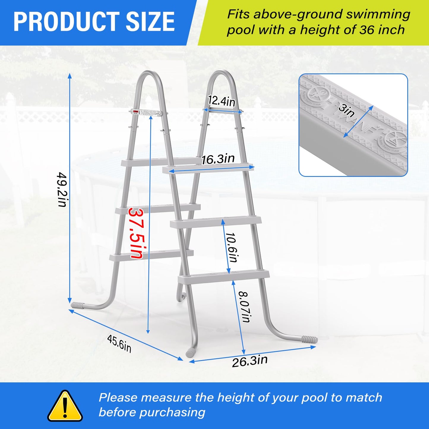 TIXANF 36" 3-Step Steel Frame Above Ground Swimming Pool Ladder,Heavy Duty Double Sided Removable Pool Steps,Pool Ladder Steps with Non-Slip Plastic Steps for Entry and Exit
