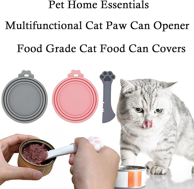 SJANE Cat Food Can Spoons & Can Lids | 4 Pcs | Multi-function Opener | Silicone Pet Food Covers | Cute Paw Shape Wet Food Spoon for Cats and Dogs(Pink+Grey)
