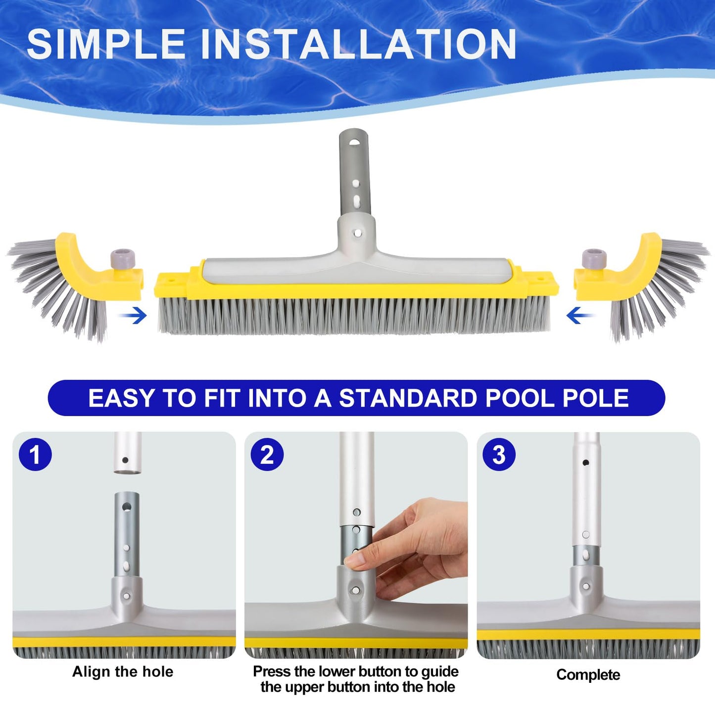 POOLAZA 20'' Pool Brush, Heavy Duty Pool Brushes for Cleaning Pool Walls & Floors, Premium Pool Brush Head for Inground Pools with BPT Bristles & EZ Clip, Curved Ends High-Efficiency Pool Scrub Brush