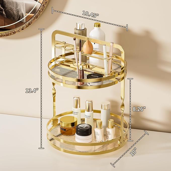 360ÃÂ° Rotating Makeup Organizer, 2-Tier Gold Perfume Organizer for Dresser, Bathroom Organizers Countertop, Perfume Shelf with Makeup Brush Holder, Skincare Holder Cosmetic Display(Gold)