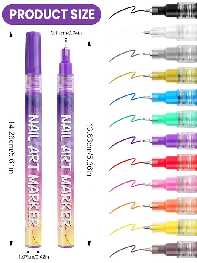 12 Color Acrylic Paint Pen Set, Kalolary Nail Art Polish Pens Nail Point Graffiti Dotting Pen Drawing Painting Liner Brush for DIY Nail Art Beauty Adorn Manicure Tools