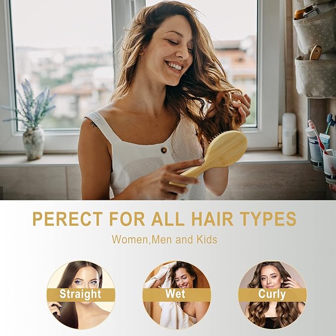 MRD Hair brush, Natural Bamboo Paddle Detangling Hairbrush, Massage Scalp Thick/Thin/Curly/Dry Hair For Women & Men