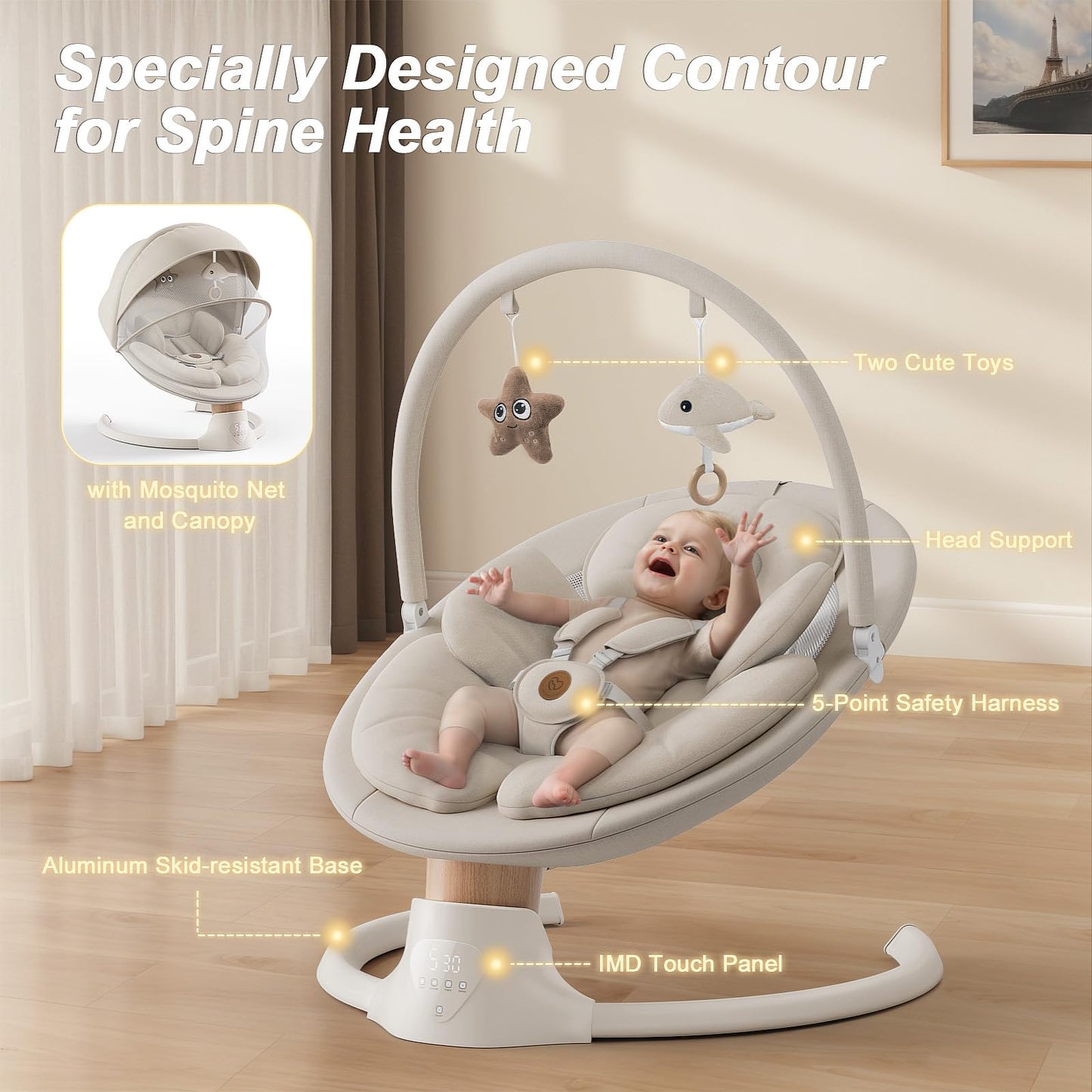 Baby Swings for Infants, FasonBaby Electric Baby Swing with 10 Preset Melodies, 5 Speeds, Remote Control and Bluetooth - Portable Infant Swing for Indoor and Outdoor(Beige)