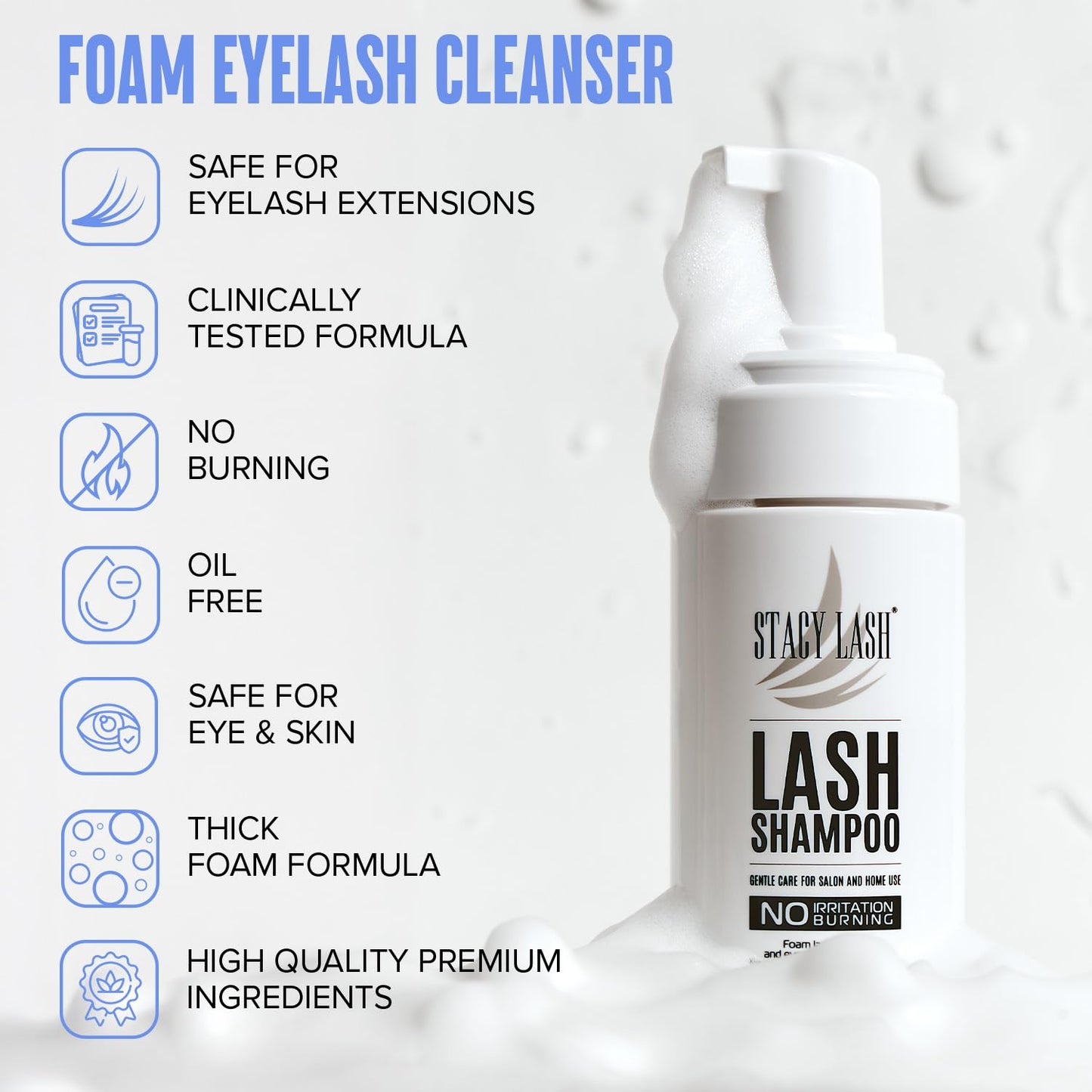 STACY LASH Eyelash Extension Shampoo + Brush / 1.69 fl.oz / 50ml / Eyelid Foaming Cleanser/Wash for Extensions & Natural Lashes/Safe Makeup Remover/Supplies for Professional & Home Use