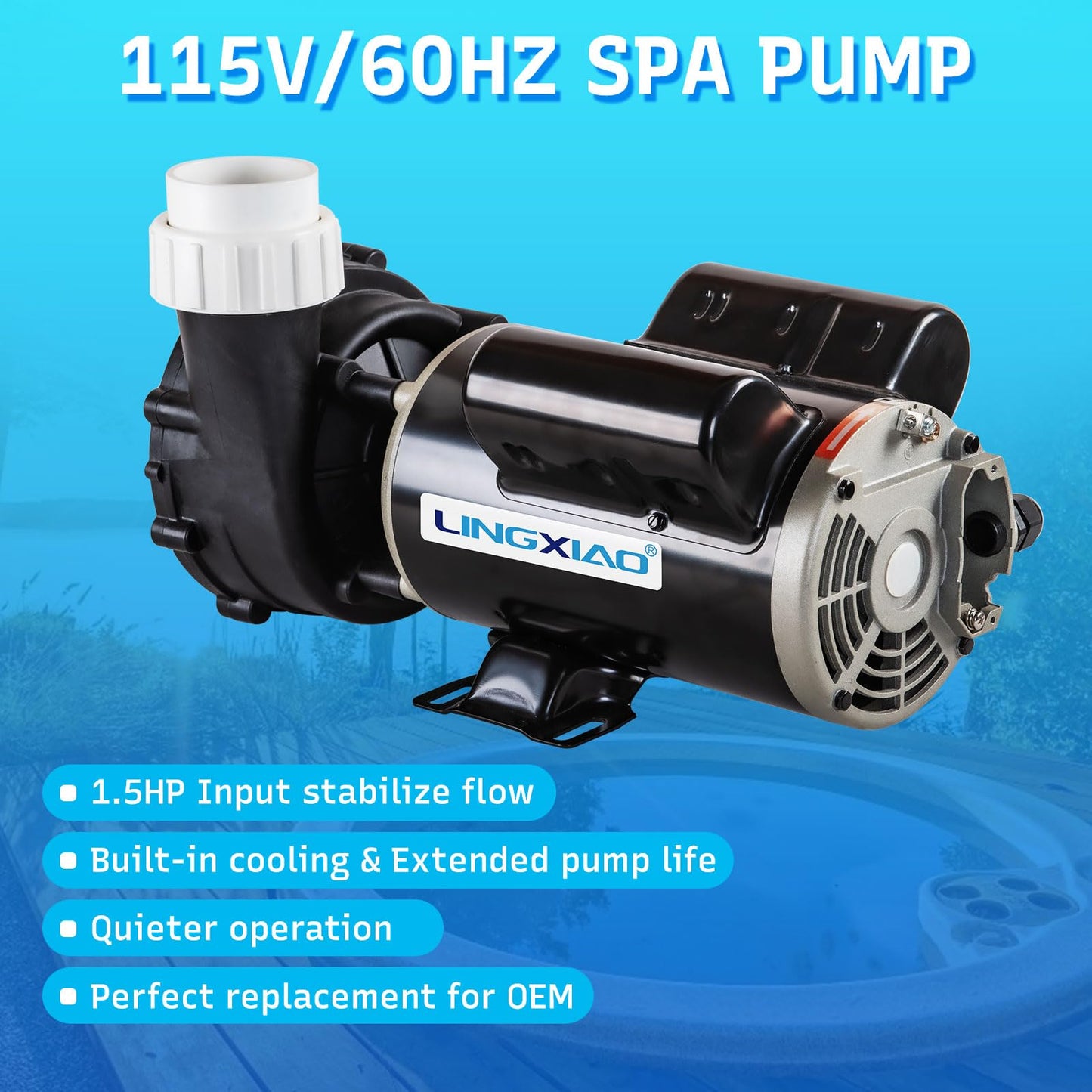 LINGXIAO SPA Pump, 2 Speed Hot Tub SPA Pump - 1.5HP LX SPA Motor, 115V, 2"Port, 48 Frame - (Model: 48WUA1001C-II)