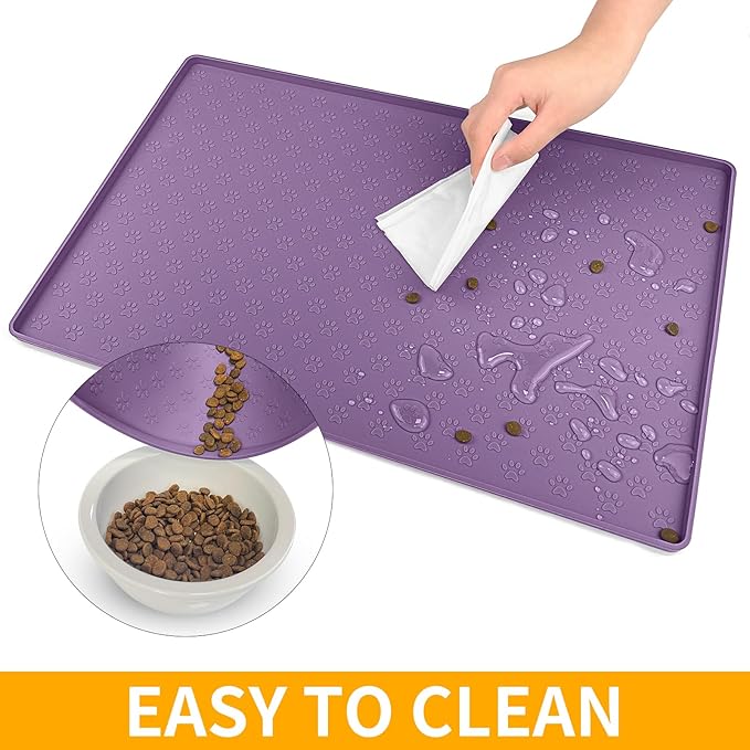 Ptlom Dog Food Mat Waterproof Pet Bowl Mats with High Lips, Non-Slip Dog Placemat Prevent Messy Spills to Floor, Silicone Puppy Feeding Tray for Small, Medium Large Dogs Cats, Purple, 31.5" 23.6"