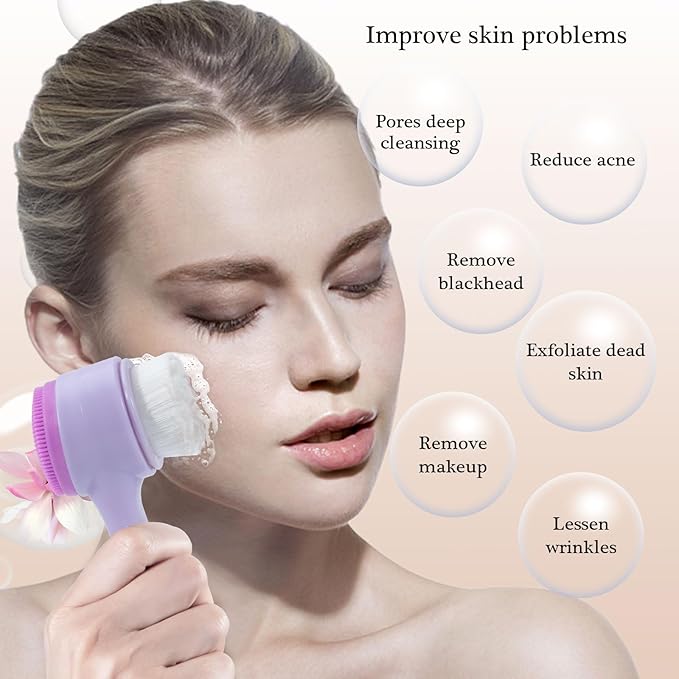Face Brush 2 in 1, Silicone Facial Cleansing Exfoliating Brush Soft Bristles Pore Deep Cleansing Manual Dual Face Wash Scrub Brush For Massaging, Makeup Skincare Removal, Gradient Purple