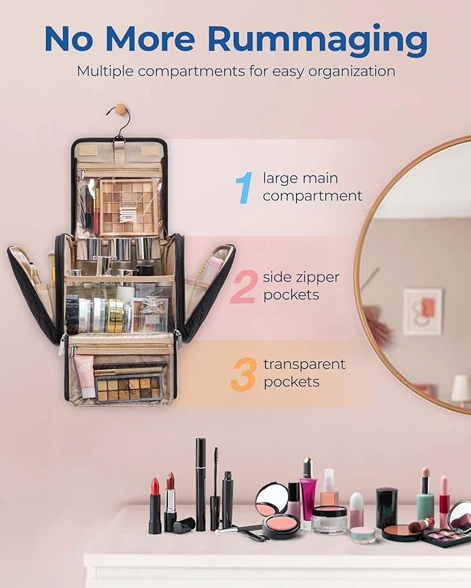 BAGSMART Toiletry Bag for Women, Travel Toiletry Bag Makeup Cosmetic Bag with Hanging Hook, Water-resistant for Toiletries Accessories Brushes Sponge