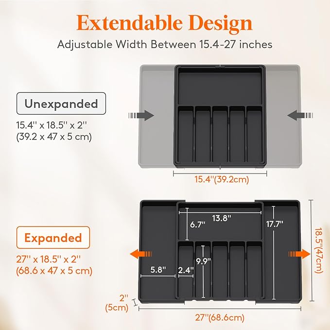 Lifewit Silverware Drawer Organizer, Expandable Utensil Tray for Kitchen, BPA Free Flatware and Cutlery Holder, Adjustable Plastic Storage for Spoons Forks Knives, 15- 27 x 18.5", Black