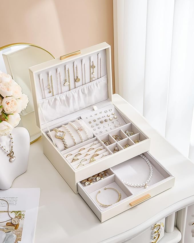 Lolalet 2-Layer Jewelry Box Organizer for Women Girls, Jewelry Storage Case Holder with Drawers for Necklaces Ring Earrings Bracelet Watch, Gifts for Galentines Valentines Girlfriend Wife -Beige
