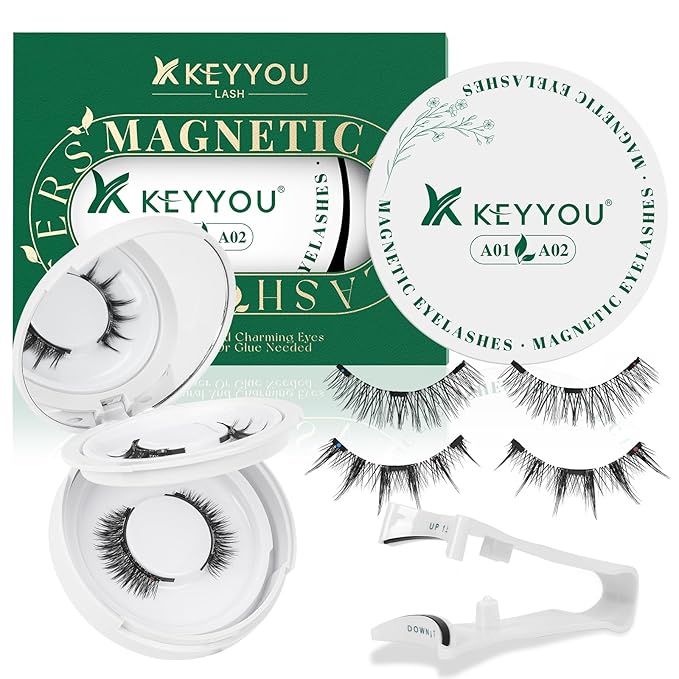 KEYYOU Daily Wear Reusable Magnetic Eyelashes 2 Pair with Applicator No Glue Needed 3D Natural Magnetic Lashes, Easy to Apply & Long Lasting for Daily Use & Events(A01+A02)