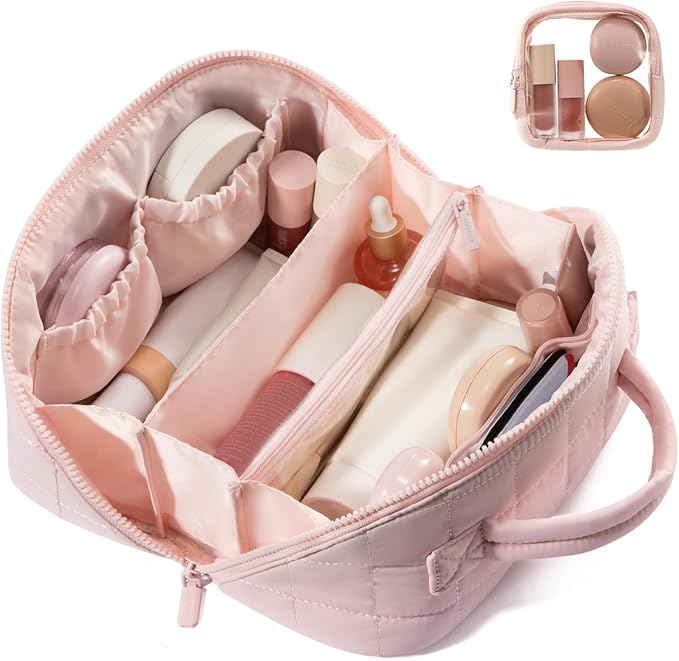 LOVEVOOK Travel Makeup Bag for Women, 2Pcs Puffer Waterproof Cosmetic Organizer, Large Capacity Pouch Open Flat Small Toiletry Bag with Brush Compartment & Handle (Pink-Checkered, Medium)