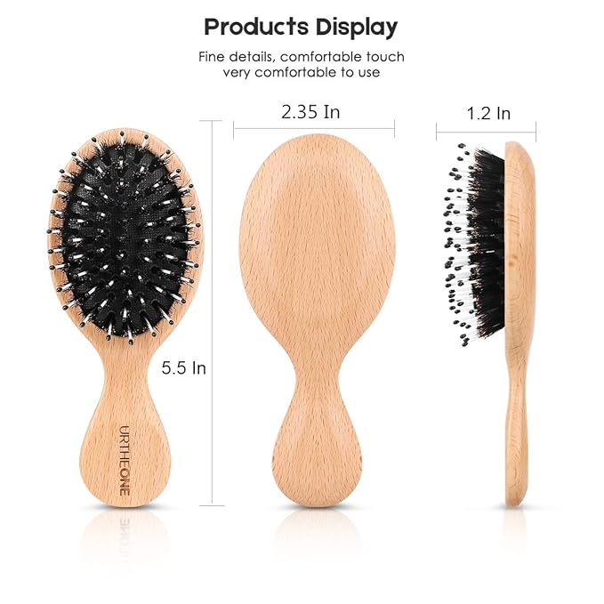 Hair Brush Mini Boar Bristle Hairbrush for Thick Curly Thin Long Short Wet or Dry Hair Detangle Massage Add Shine, Pocket Travel Small Paddle Hair Brush for Men Women Kids