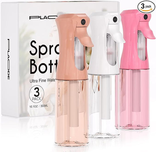 Spray Bottle for Hair, Continuous Ultra Fine Mister Spray Bottle, Refillable Water Sprayer for Hairstyling, Plants, Pets, Cleaning, Skincare (3 Pack 10.1OZ/300ML,White+Pink+Terracotta)