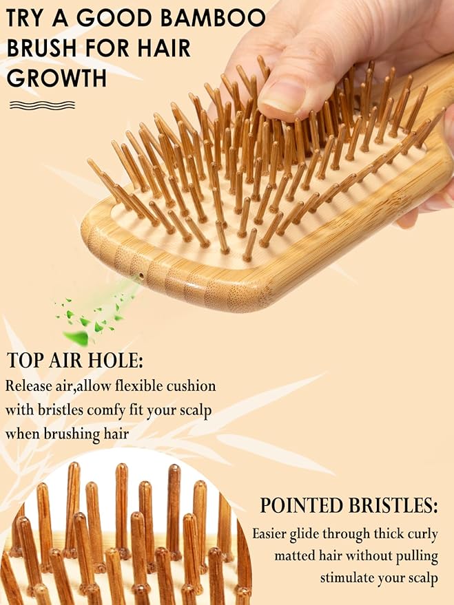 Bamboo Hair Brush for Men Women Detangling Thick Curly Hair, Natural Bamboo Bristles Wooden Paddle Hairbrush with Ergonomic handle for All Hair Types