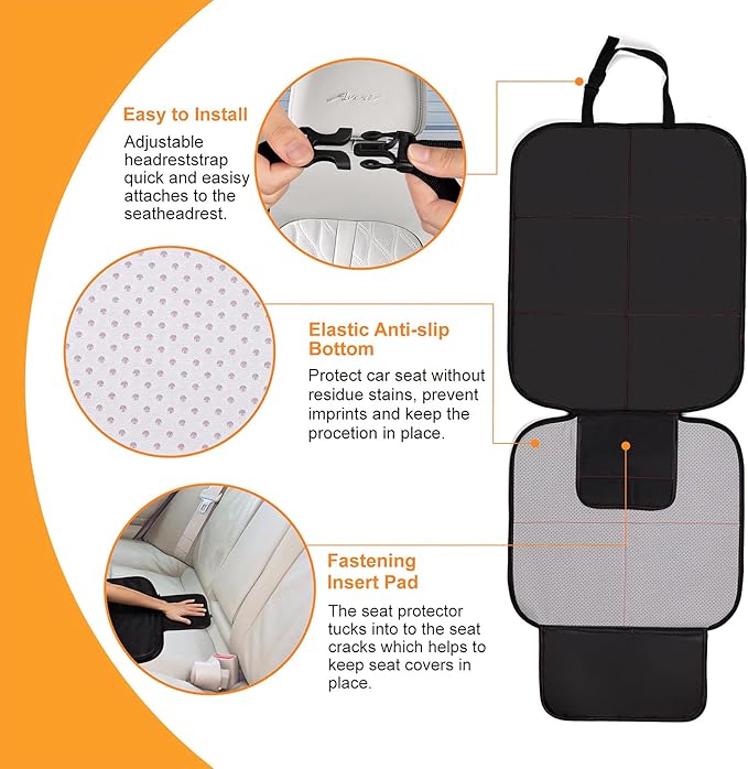 SMART ELF Car Seat Protector, Large Auto Protector for Child Seats with Thickest Padding and Non-Slip Backing Mesh Pockets for SUV, Sedan, Truck, Leather and Fabric - Black