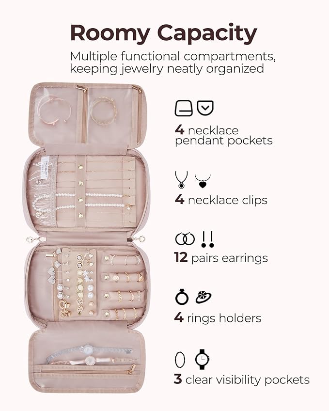 BAGSMART Jewelry Organizer Case Large Travel Jewelry Storage Bag for Necklace, Earrings, Rings, Bracelet, Soft Pink
