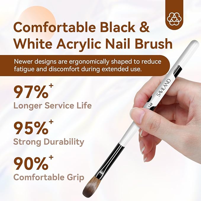 Saviland 3pcs Acrylic Nail Brush Set, Size 8/10/14 Kolinsky Acrylic Nail Brushes for Acrylics Application, Acrylics Powder Nails Art Extension with Black & White Handle for Beginner & Professional
