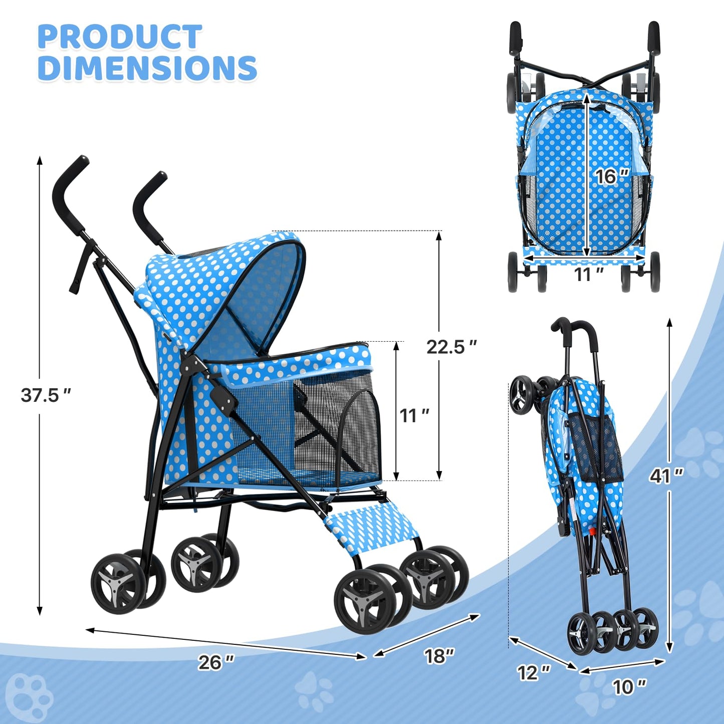 Magshion Compact Pet Stroller for Small-Medium Dogs/Cats up to 22lbs, 4-Wheel Lightweight Umbrella Shaped Portable Puppy Travel Jogger with Breathable Mesh & Rear Storage, Sky Blue Polka Dots