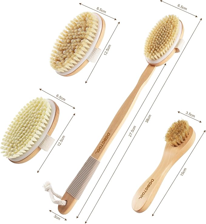 Dry Brushing Set - Natural Boar Bristle Body & Face Brush, Wooden Long Handle Scrub Brush for Cellulite & Lymphatic Drainage Body Care, Detachable, 3 Brush Heads