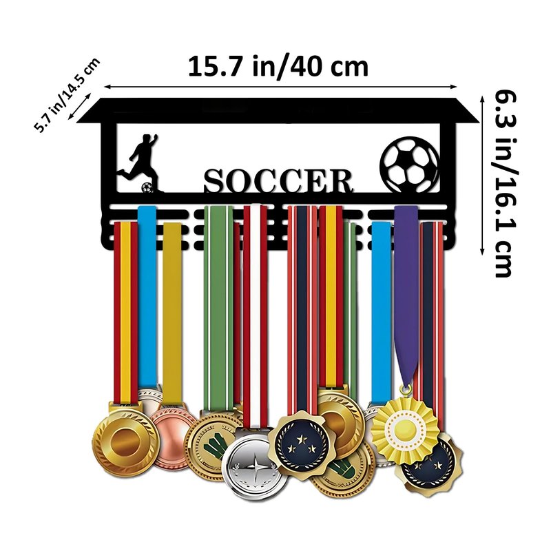 Resama World Cup Soccer Medal Hanger Holder Display Rack with Trophy Shelf, Holder for Awards Ribbons Personalized Medal Sports Themed Race Ribbon Holder for Wall Metal Display for Men Boy Girl Kid