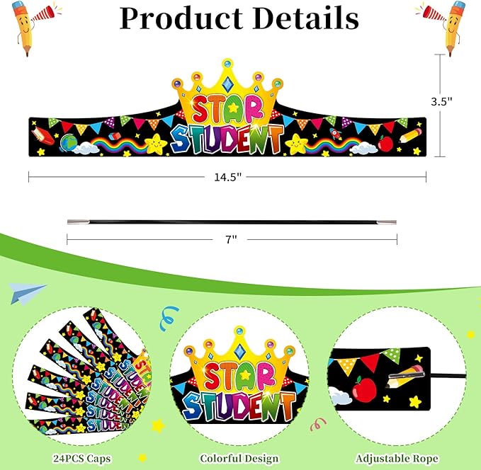 SICOHOME Paper Crown Hats Caps for Kids Paper Crowns for Students Classroom Kindergarten Preschool Party Supplies Adjustable