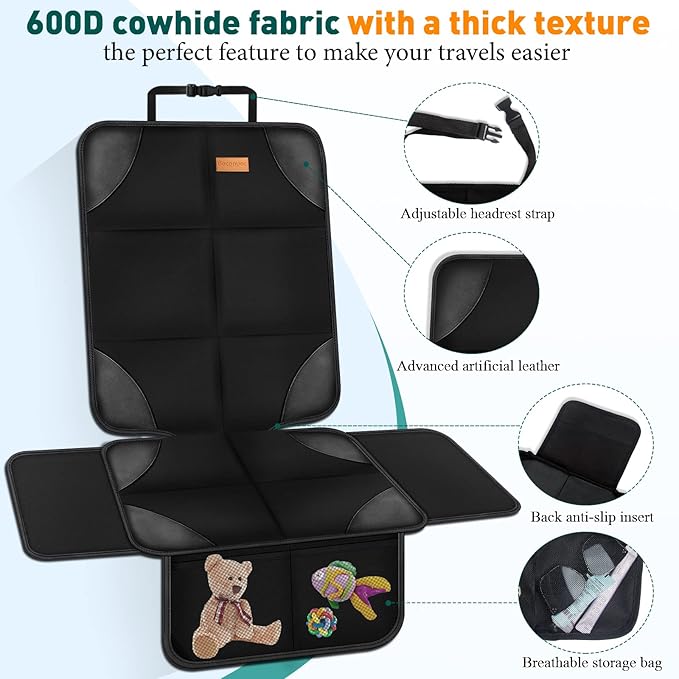 Bacgnyer Car Seat Protector, 2 Pack of Seat Protectors, Thickest Padded 600D Fabric Padding, Waterproof, Durable, Anti Slip Backing, Child Seat Protection, Suitable for Babies, Toddlers, Children