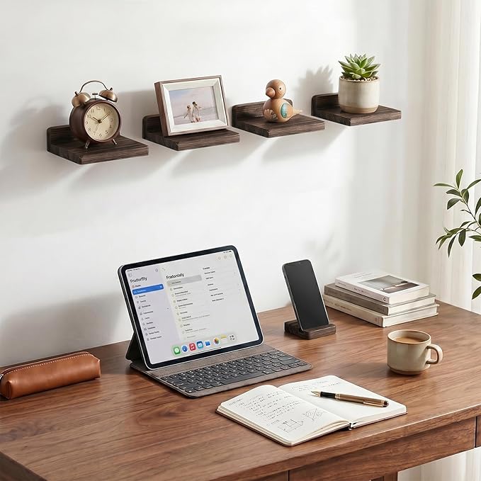 Fixwal Small Shelf for Wall, 5X5 Inches Floating Shelves Set of 4, Rustic Wood Small Wall Mounted Shelves for Bedroom, Living Room, Kitchen, Bathroom Decor (Dark Carbonized Black)