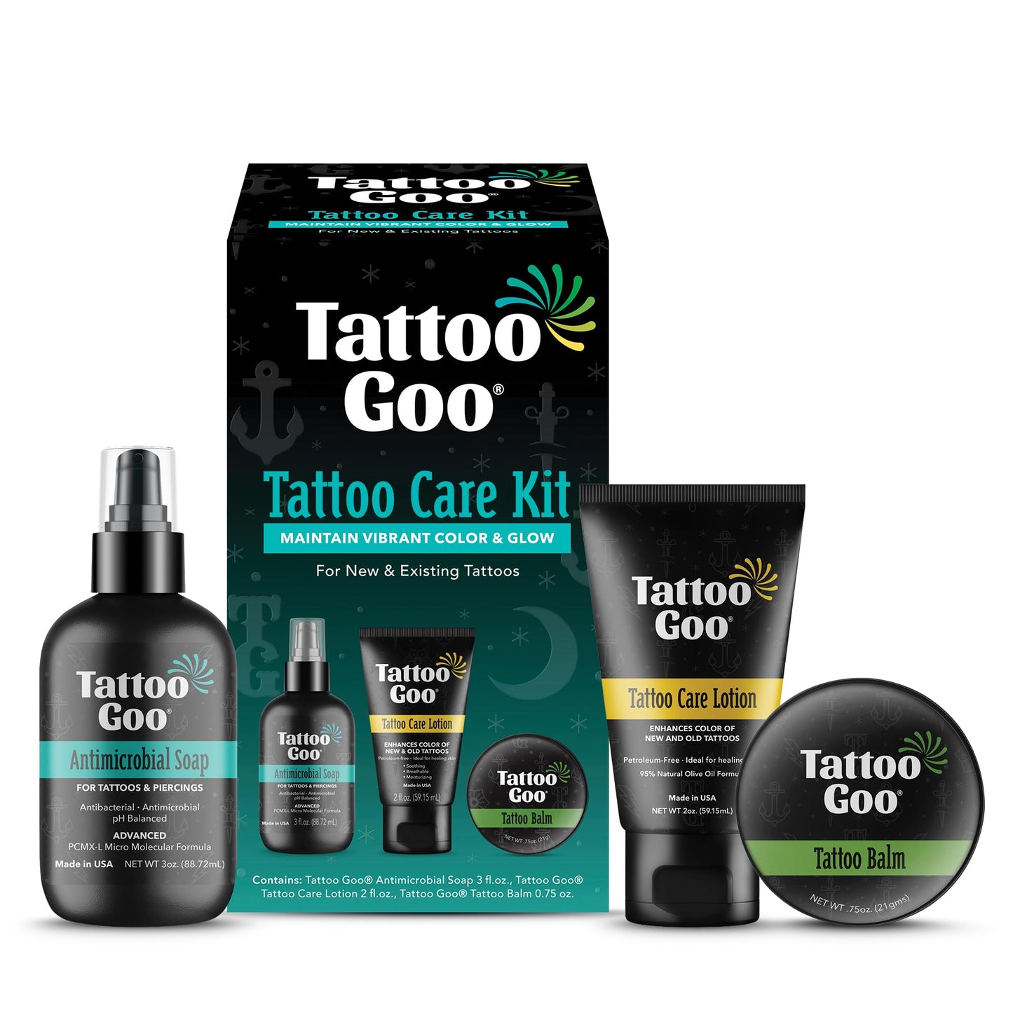 Tattoo Goo Aftercare Kit Includes Antimicrobial Soap, Balm, and Lotion, Tattoo Care for Color Enhancement + Quick Healing - Cruelty-Free, Petroleum-Free, Tattoo Artist Gifts (3 Piece Set)