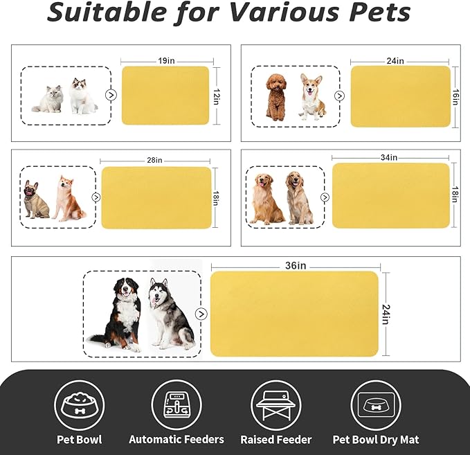 Dog Food Mat - Absorbent Cat Mat for Food and Water, No Stains Pet Feeding Bowl Mat, Easy to Clean Pet Placemats, Quick Dry Dog Water Dispenser Mat for Messy Drinkers | Yellow 16"x 24"