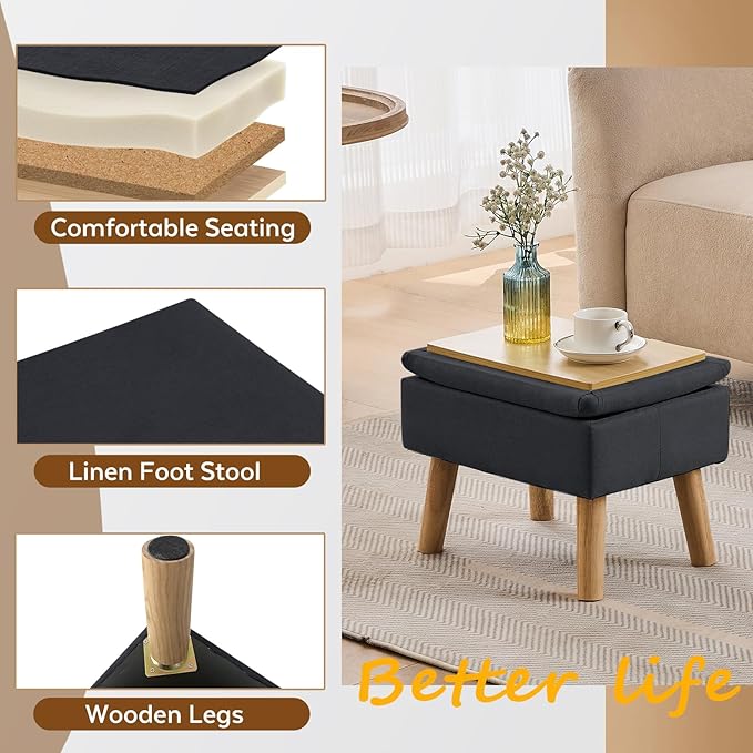 Storage Ottoman, Small Foot Stool Ottoman with Storage, Linen Foot Rest with Wood Legs, Footstool for Living Room, Bedroom, Entryway, Black