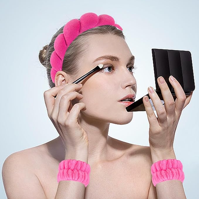 Semato Spa Headband and Wristband Set - Fluffy Bow Face Wash Hair Accessories With Bubble Sponge for Women and Girls (Hot Pink)