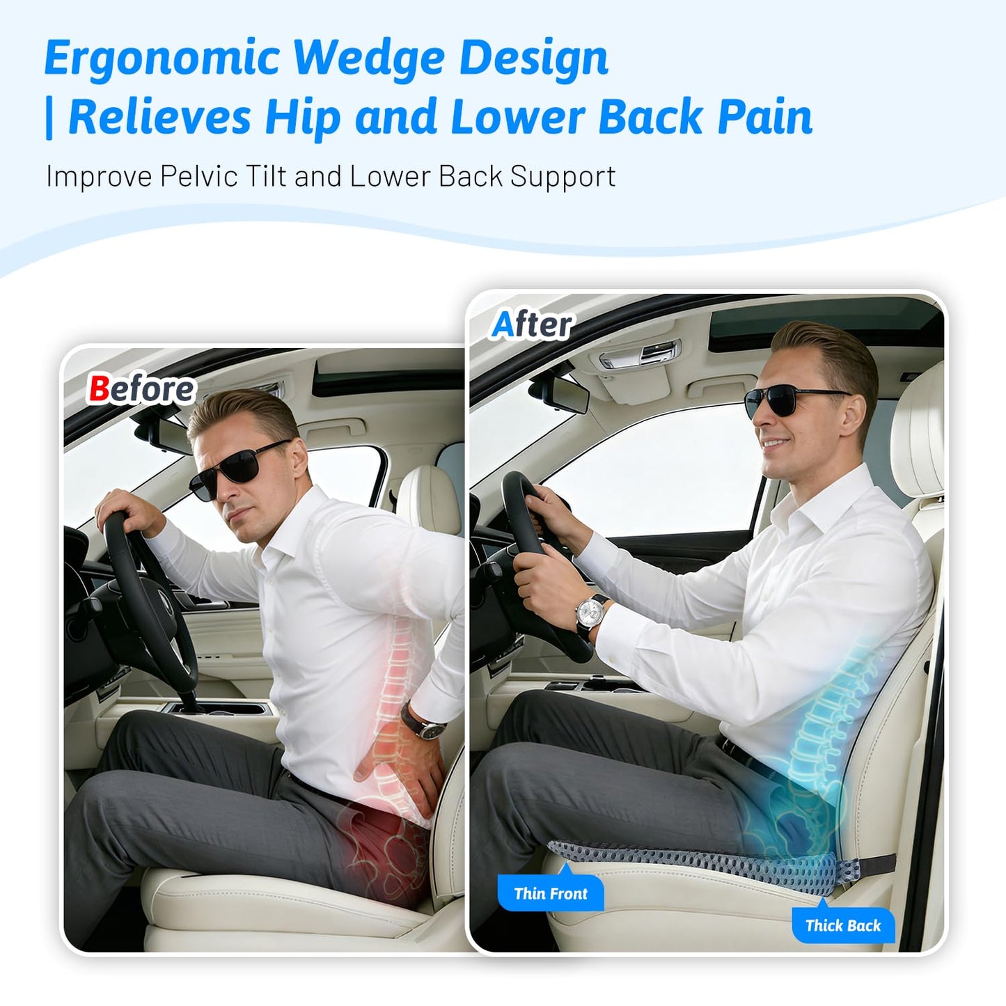 Wedge Car Seat Cushion for Better Visibility & Sciatica Pain Relief - High Density Memory Foam, Non-Slip Ergonomic Car Seat Cushion for Driving, Universal Fit for Car, SUV,Truck & Tractor