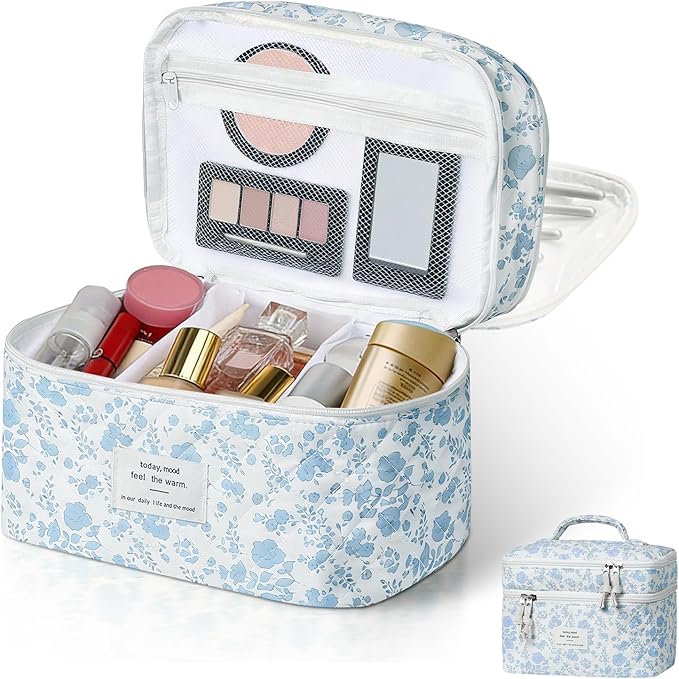Makeup bag, Large Cosmetic Bag for Women Girls, Cute Quilted Makeup Bags, Floral Coquette Aesthetic Toiletry Bag, Travel Make Up Organizer Bag (Blue Flowers)
