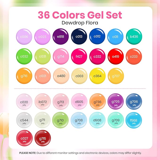 Beetles Neon Gel Polish Set - 36 Colors Dewdrop Flora Gel Nail Kit Spring Jelly Pink Milky White Yellow Purple Green Natural Classic Color Set Soak Off UV LED Home Salon Summer Gift for Women