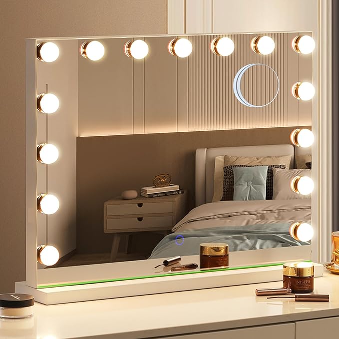 Hollywood Vanity Mirror with Lights, Lighted Makeup Mirror with 10x Magnification for Desk, Dimmable Led Bulbs, 3 Lighting Modes for College Dorm, Bedroom, Dressing Room (White)
