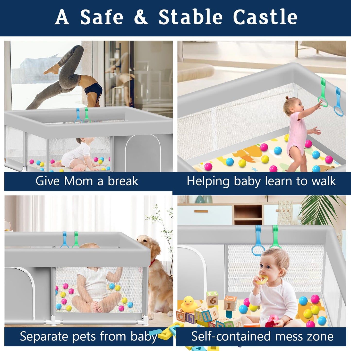 Baby Playpen with Mat 50x50 Inch, Playpen with Colorful Ball for Babies and Toddlers, Baby Play Pen Pin Indoor Play Fence (Mat and Ball Included)