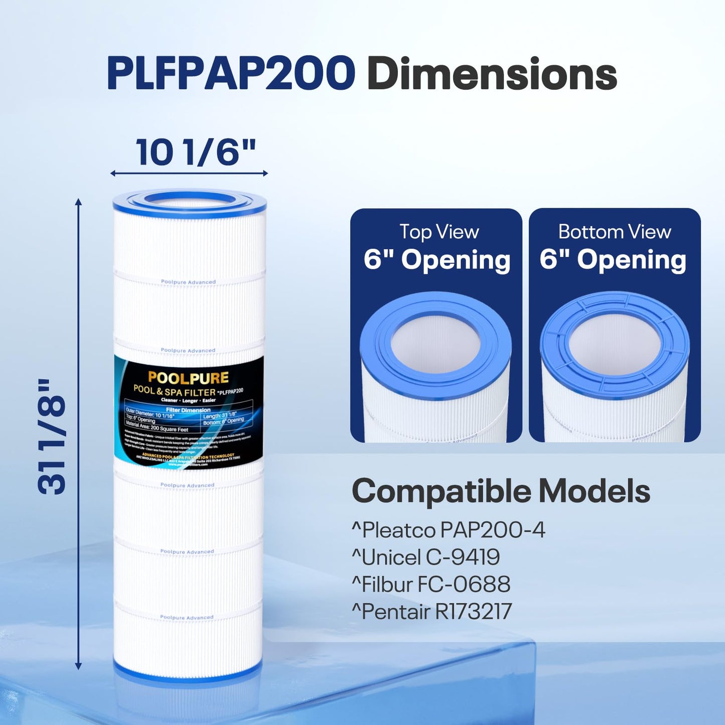 POOLPURE PAP200 Pool Filter Replaces Pentair Clean and Clear 200, CC200, Unicel C-9419, Ultral-C5, PP-C5, Filbur FC-0688, R173217, 59054400, Aladdin 29902, Baleen AK-8005, 200 sq.ft Cartridge, 1 Pack