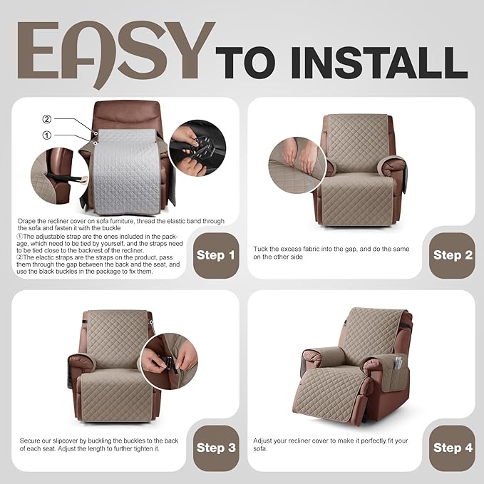 KinCam 100% Waterproof Recliner Chair Cover, Reclining Couch Covers for Pets, Dogs, Recliner Couch Slipcover Furniture Protector with Elastic Straps for Kids(23.6", Taupe)