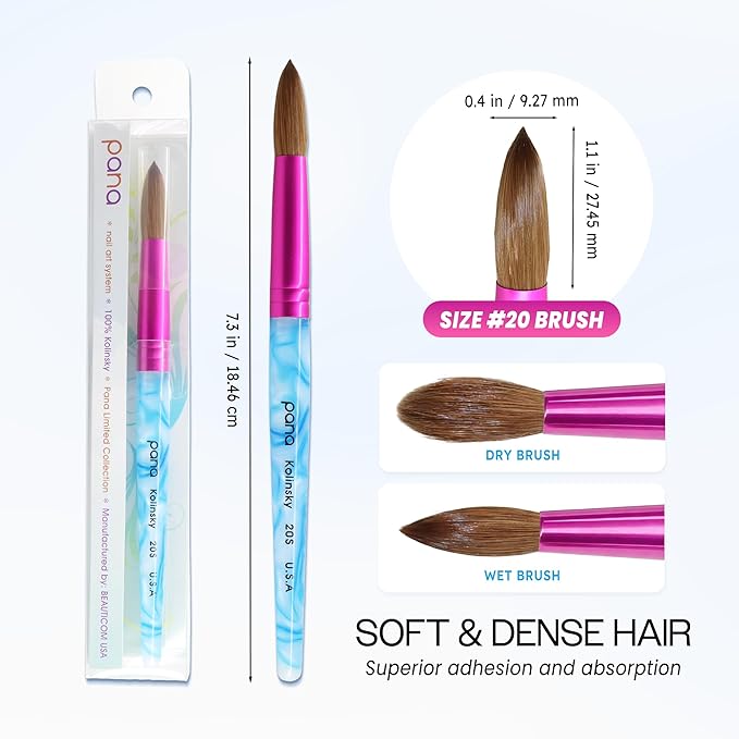 PANA Pure Kolinsky Hair Acrylic Nail Brush - Round Shape Pink Ferrule with White Swirl Blue Handle (Size 20)