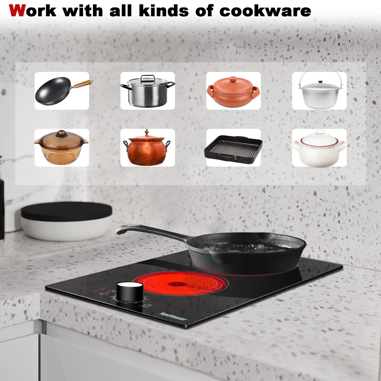 Karinear 110V Electric Cooktop 2 Burners, 19 Inch Electric Stovetop Knob Control, 110v Outlet Plug, Countertop Use or Built-in Radiant Ceramic Cooktop, 9 Power Level