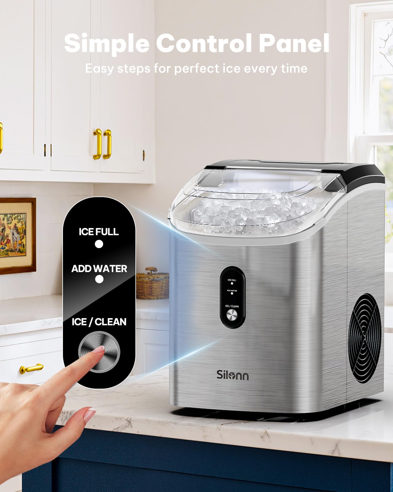 Nugget Ice Maker Countertop, Silonn Chewable Pellet Ice Machine with Self-Cleanin Function, 33lbs/24H Portable Ice Makers for Home Kitchen Officce, Stainless Steel