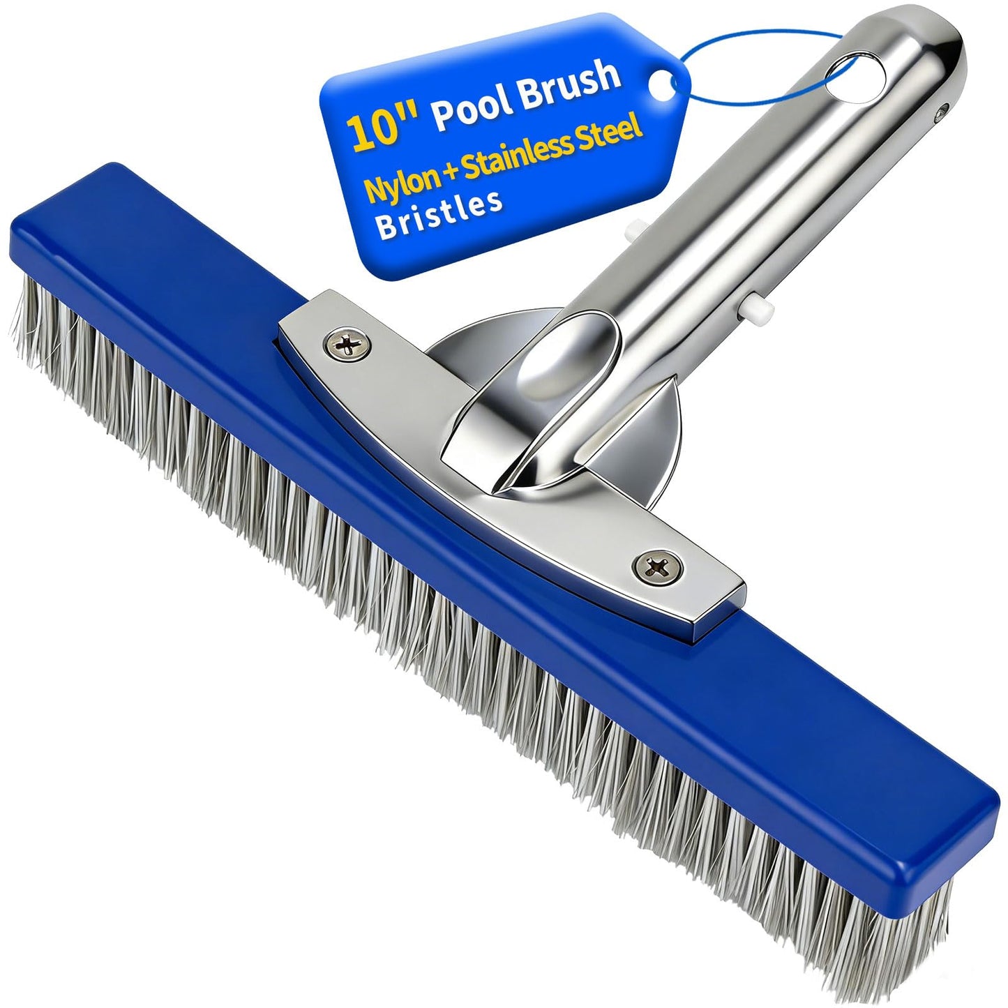 10-Inch Pool Brush Head - Combo Nylon & Stainless Steel Wire Bristles, Heavy Duty Metal Pool Brush for Extra Scrubbing Power, for Cleaning Inground Pool Tiles, Concrete, Walls, Floor, Steps, Corners