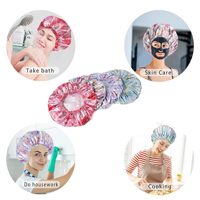 4 PCS Shower Caps for Women, 3D Printing Bath Caps, Double Layers Shower Cap Reusable Waterproof, Bathing Shower Caps, Environmental Protection Hair Bath Hat - Flower