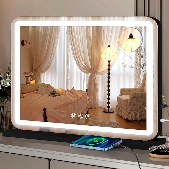 23"x18" Black Vanity Mirror with Lights, Led Makeup Mirror, Lighted Makeup Mirror with 3 Color Dimmable Lights, Smart Touch Screen Control, Aluminum Metal Frame,USB Charging Port