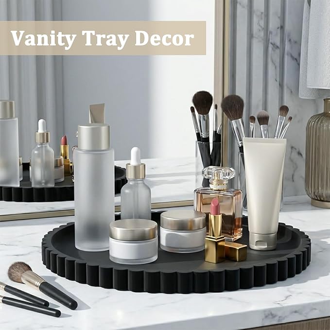 Silicone Bathroom Vanity Tray, Modern Round Decorative Tray for Countertop, Waterproof & Unbreakable Cosmetic Perfume Organizer, Extra-Thick & Sturdy, Easy to Clean Candle Tray (Black, 10 inch)