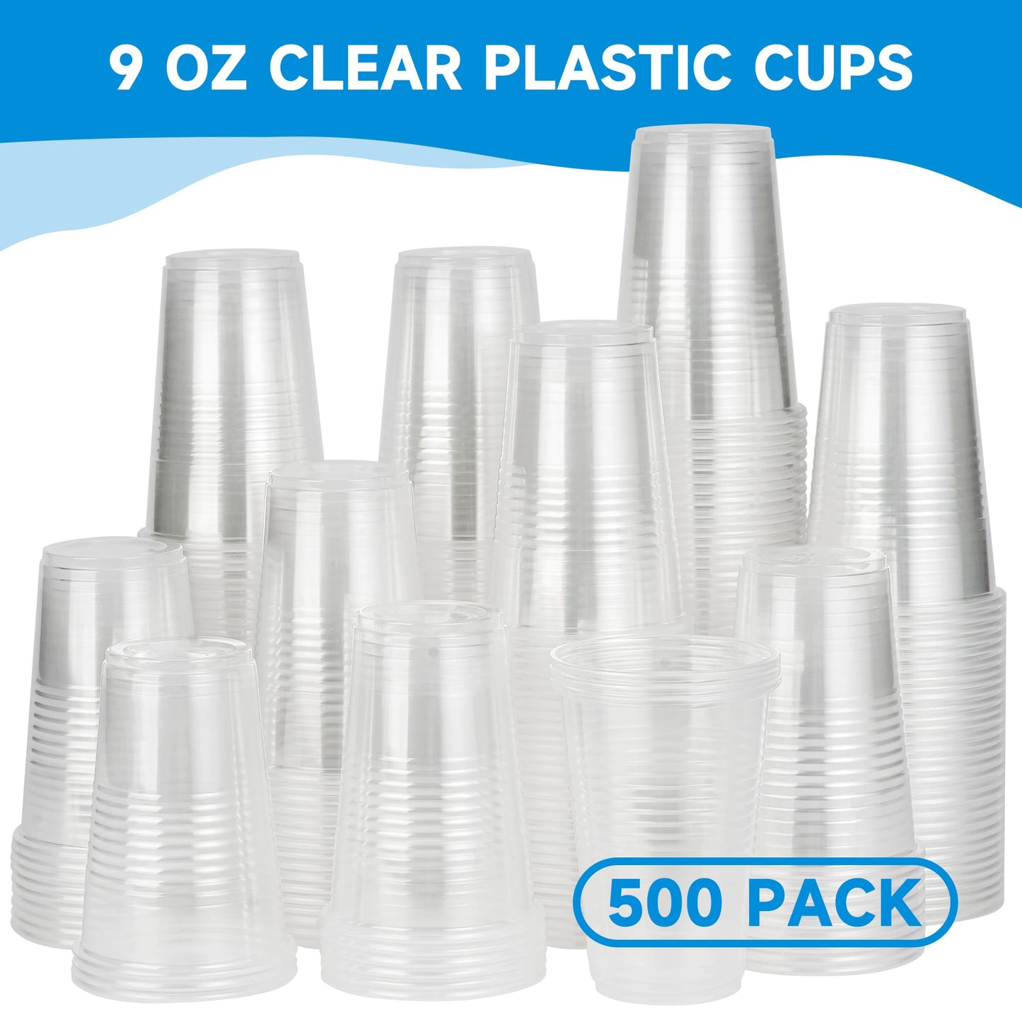 500 pack 9 oz Disposable Plastic Cups, Clear Plastic Cups Tumblers, Disposable Cups Bulk, Transparent for Wedding, Thanksgiving, Birthday, Halloween, Christmas Party