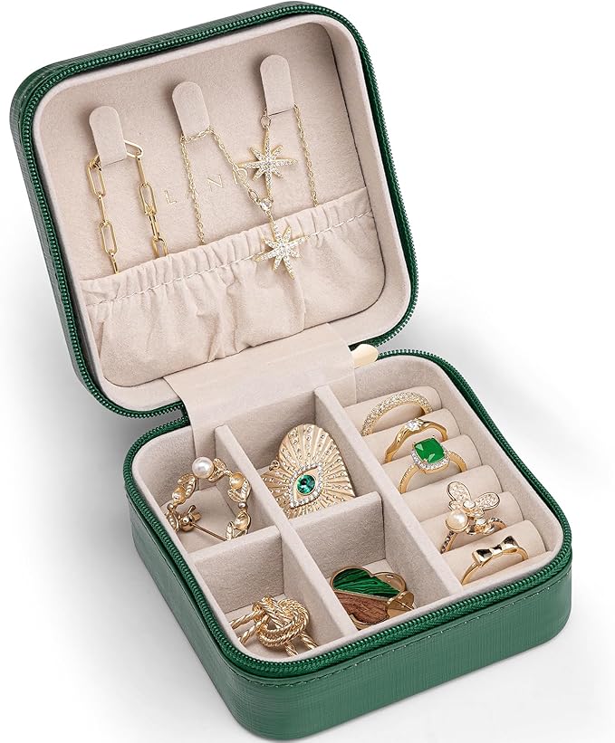 VLANDO Small Travel Jewelry Box Organizer - Girls Women Gift Rings Earrings Necklaces Jewelry Storage Display Case Dark Green